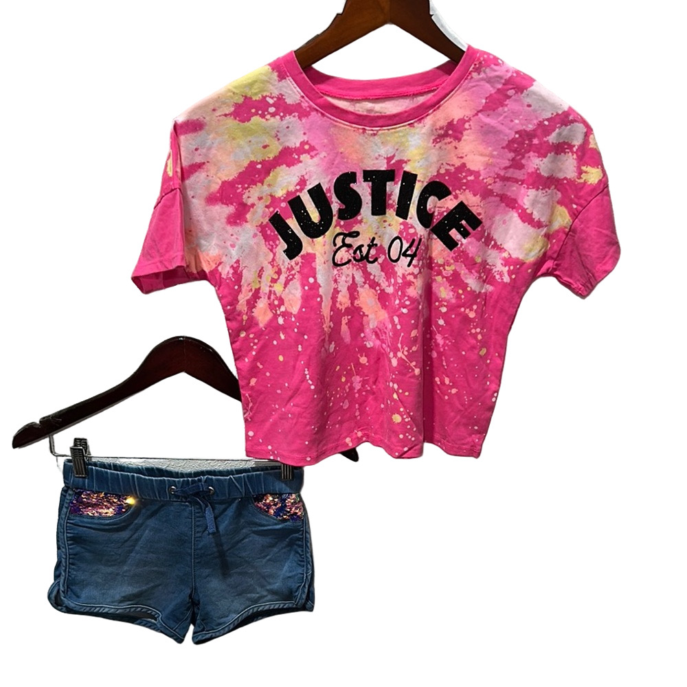 Justice Pink Splash Tee and Members Mark Denim Shorts SET size 10 GUC pink&blue